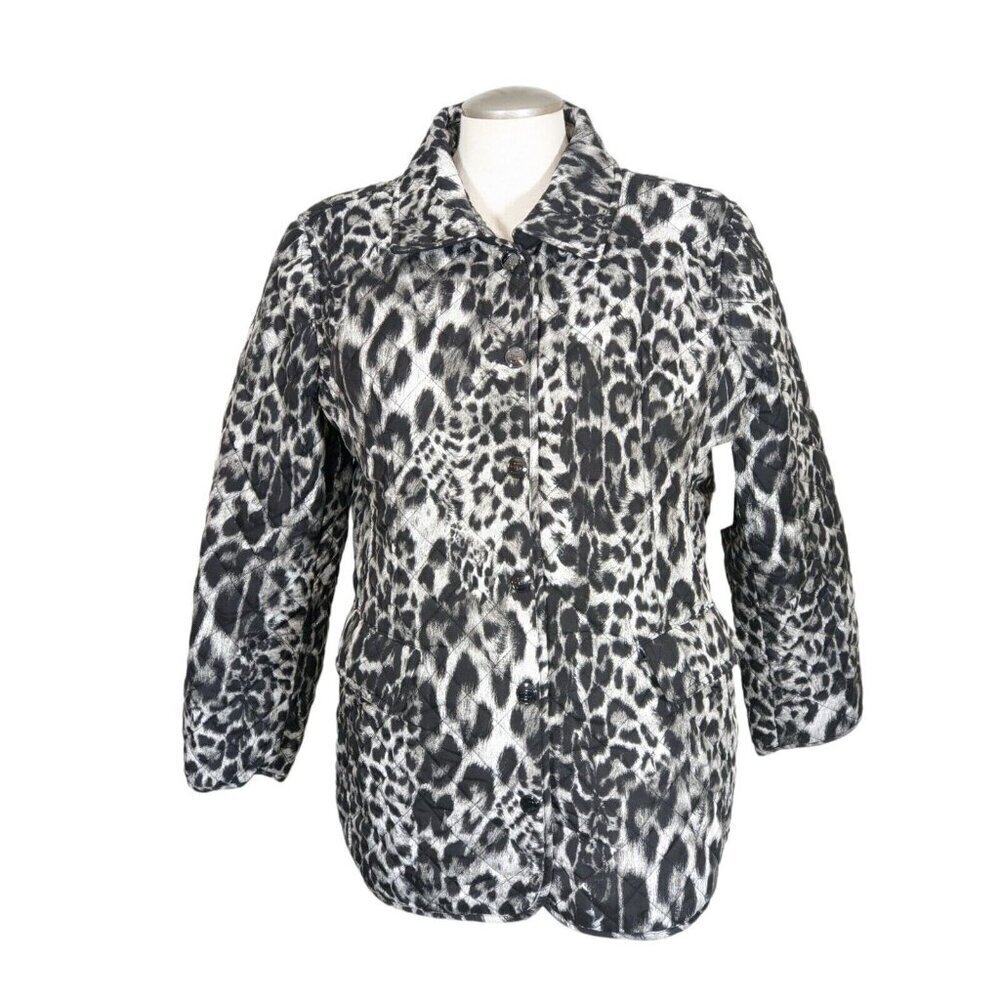 Chicos New Womens Jacket Black Gray Cheetah Quilted Snap Button Coat Size 2P MP
